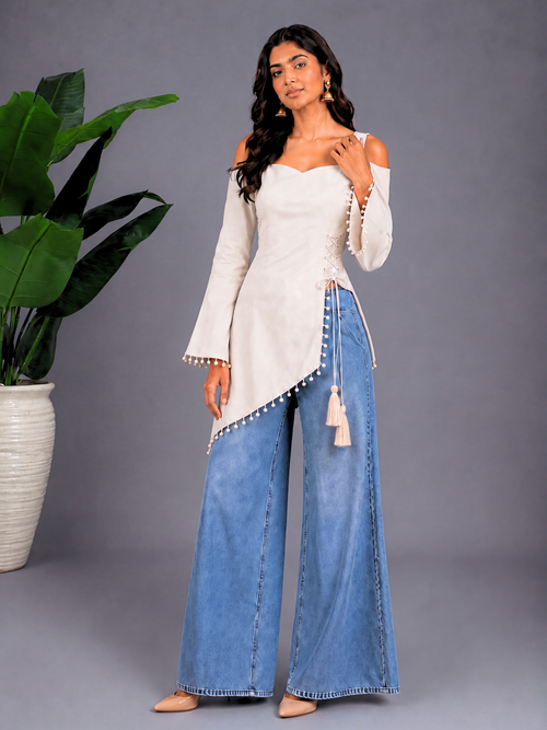 Front Slit Corset-Tie Kurti - Cream