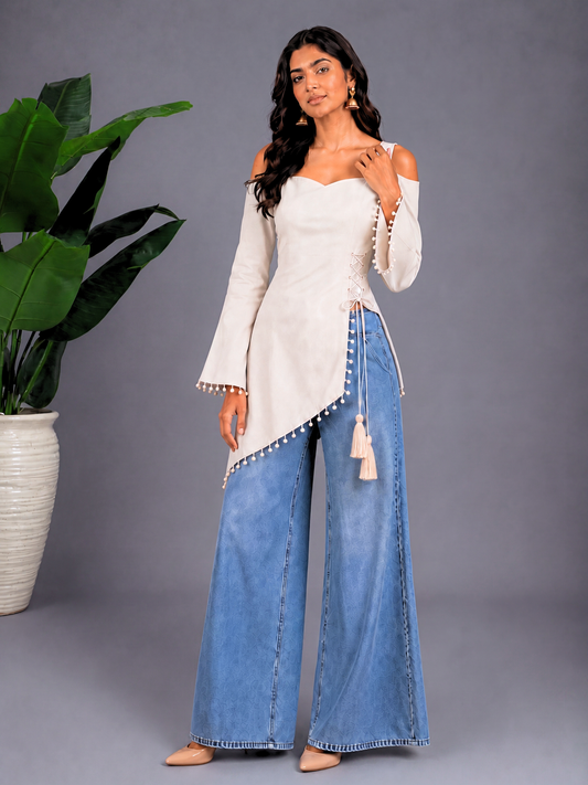 Front Slit Corset-Tie Kurti - Cream