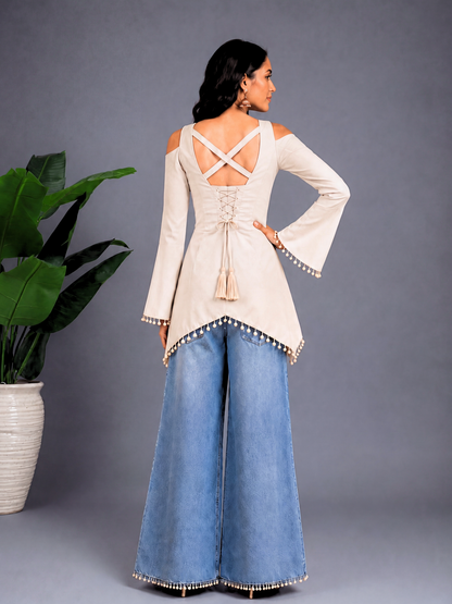 Front Slit Corset-Tie Kurti - Cream