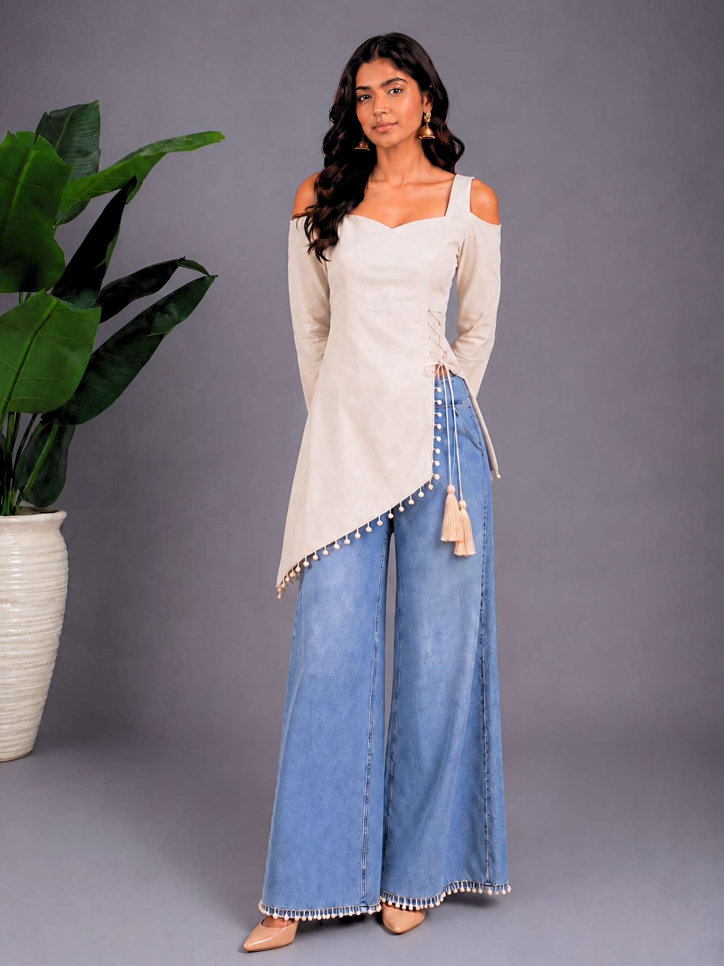 Front Slit Corset-Tie Kurti - Cream