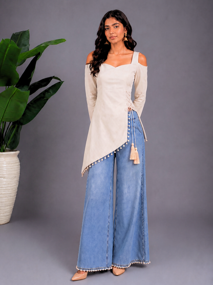 Front Slit Corset-Tie Kurti - Cream