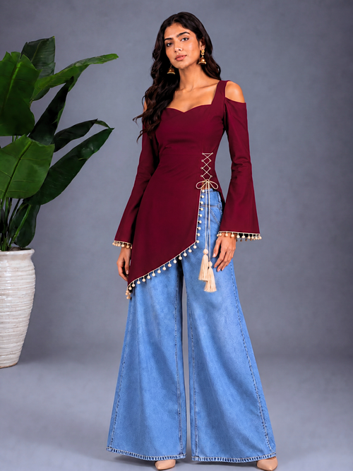 Front Slit Corset-Tie Kurti - Maroon