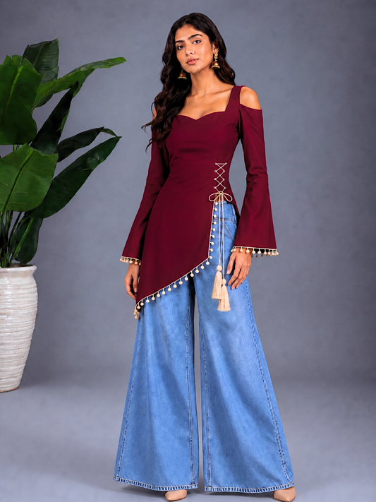 Front Slit Corset-Tie Kurti - Maroon