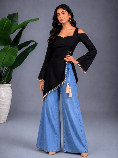 Front Slit Corset Tie Kurti - Black
