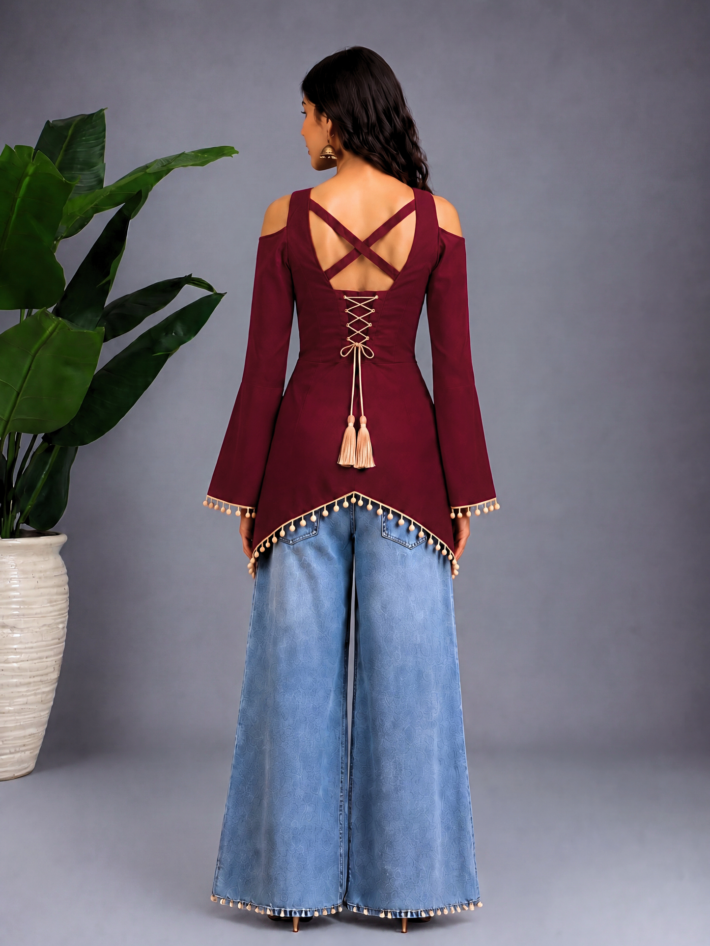 Front Slit Corset-Tie Kurti - Maroon