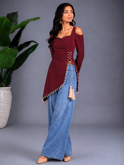 Front Slit Corset-Tie Kurti - Maroon