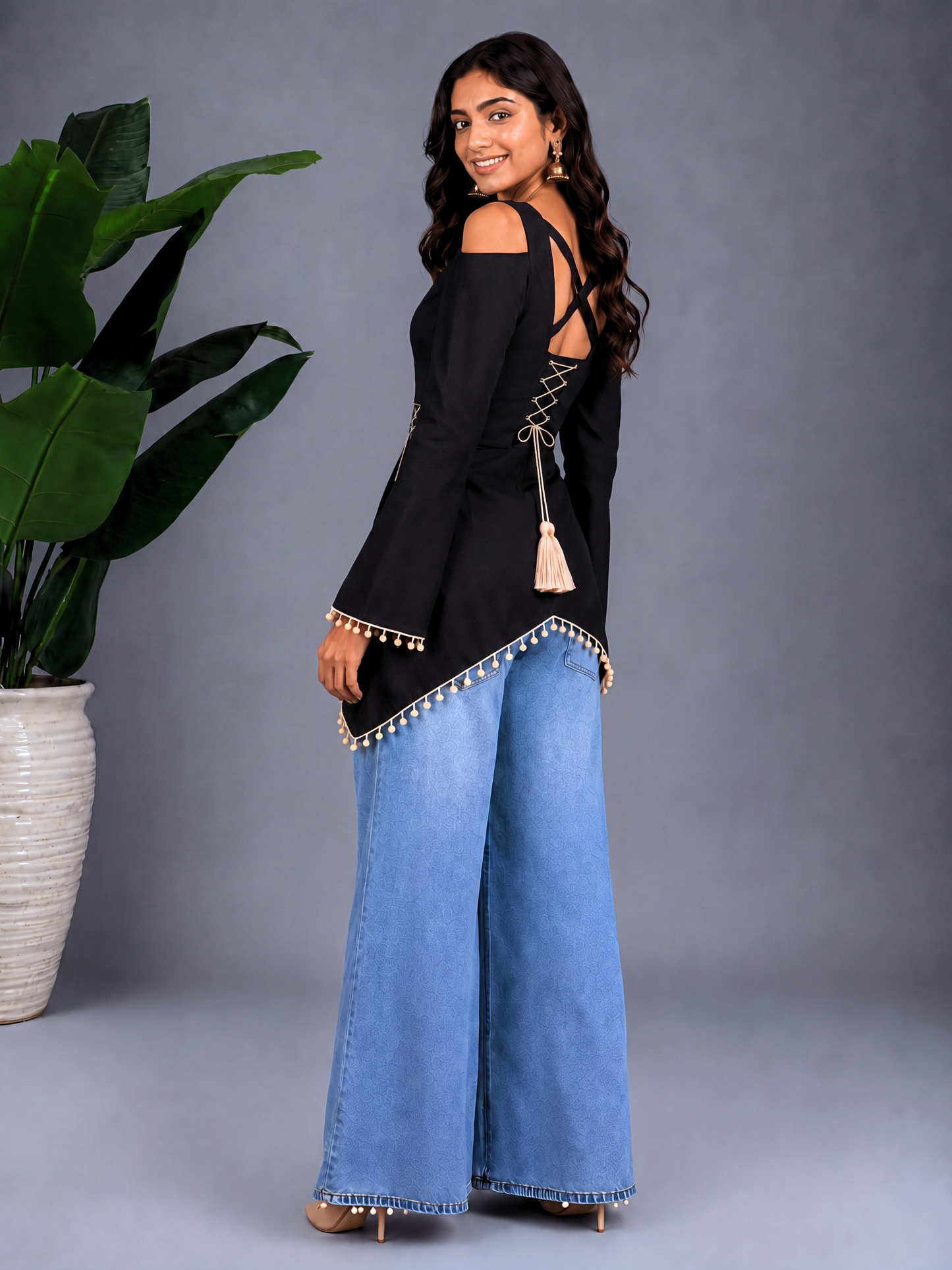 Front Slit Corset Tie Kurti - Black