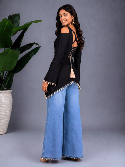 Front Slit Corset Tie Kurti - Black