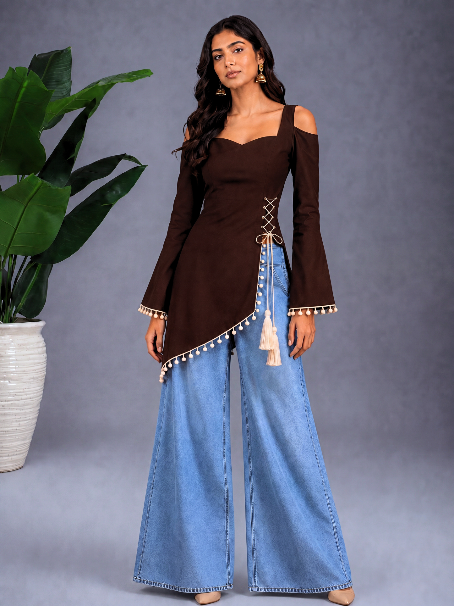 Front Slit Corset-Tie Kurti - Brown
