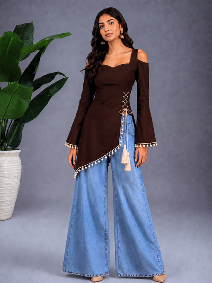 Front Slit Corset-Tie Kurti - Brown