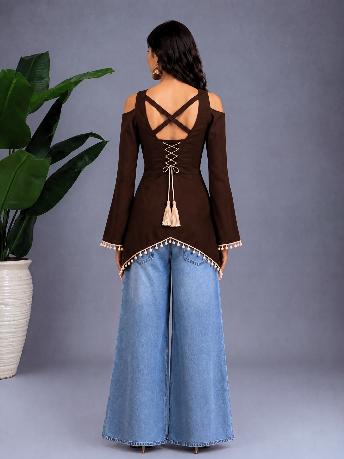 Front Slit Corset-Tie Kurti - Brown
