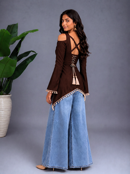 Front Slit Corset-Tie Kurti - Brown