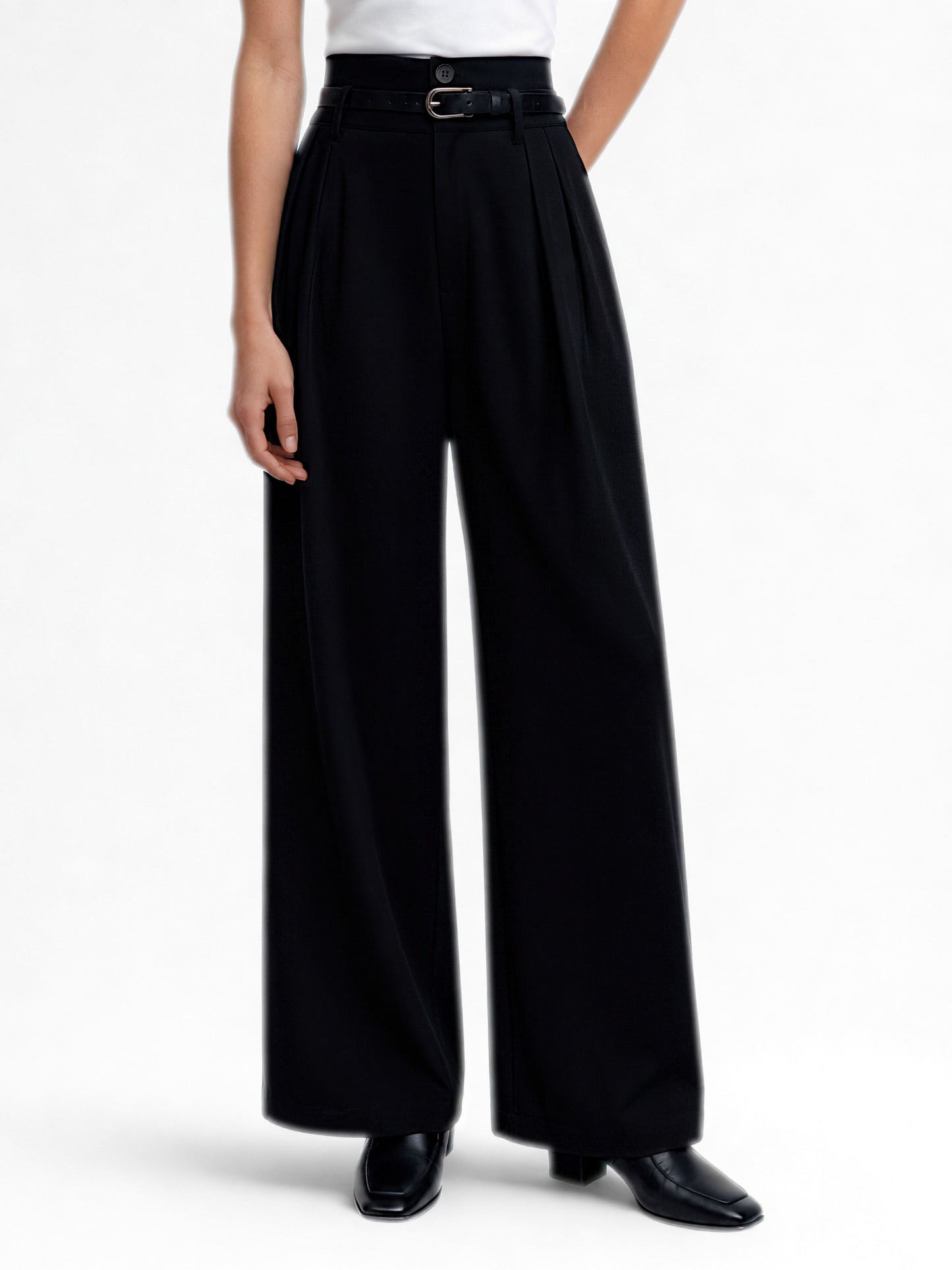 High Waist Pleated Korean Trousers-Black