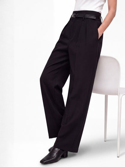 High Waist Pleated Korean Trousers-Black