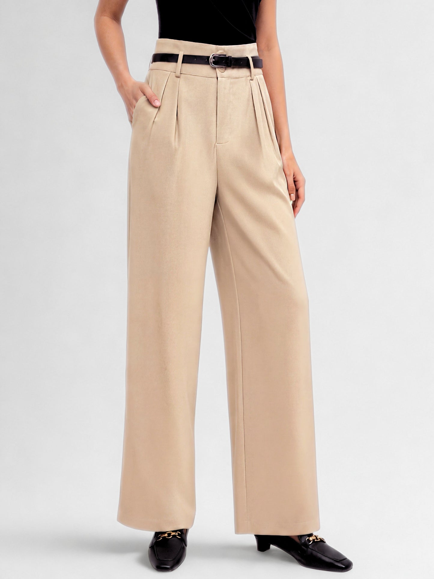 High Waist Pleated Korean Trousers-Beige
