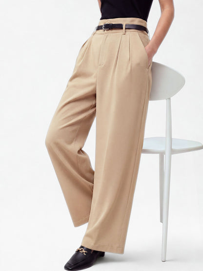 High Waist Pleated Korean Trousers-Beige