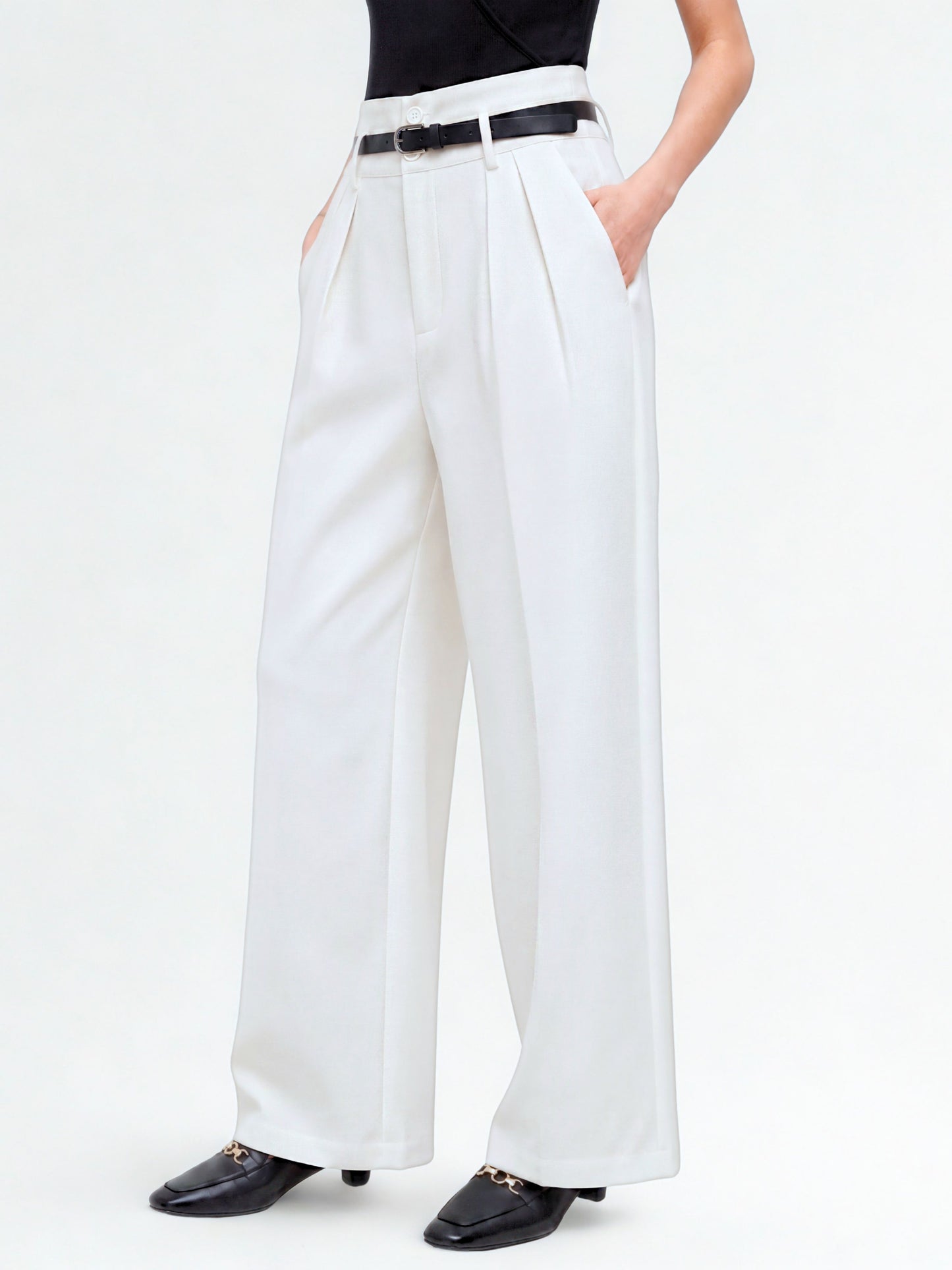 High Waist Pleated Korean Trousers-Off White