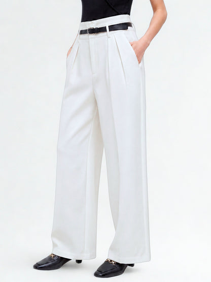 High Waist Pleated Korean Trousers-Off White